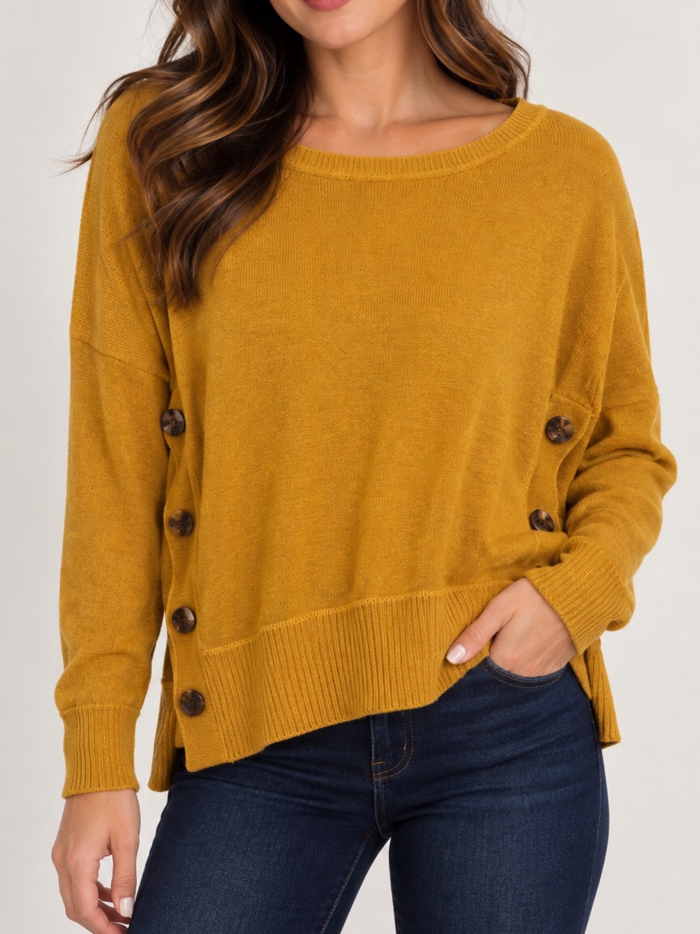 Tahari Mustard Scoop Neck Sweater with Side Button Detail